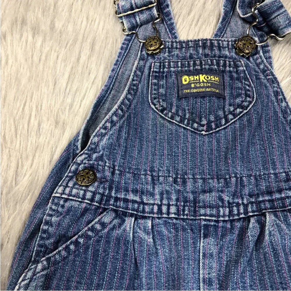 Vintage Oshkosh Bgosh Baby Girls Denim Blue Pink Striped Vestbak Overalls